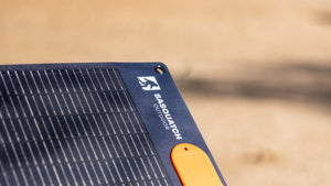 Sasquatch Outdoor 100F Portable Folding Solar Panel - Close up on Corner Logo