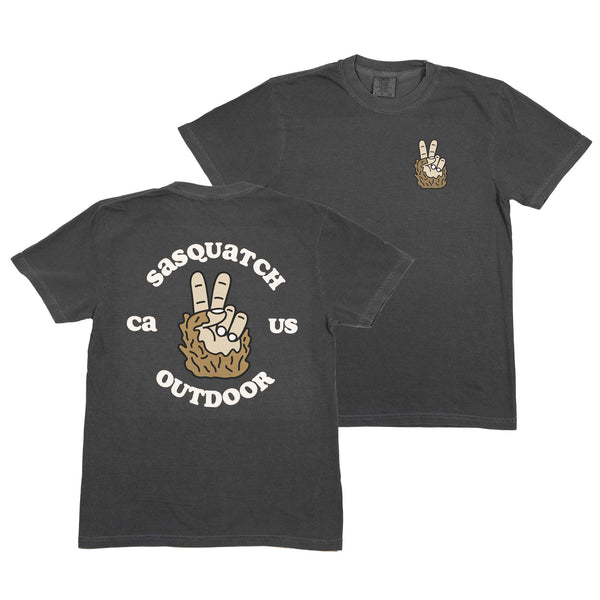 Sasquatch Outdoor Peace Sign Shirt Charcoal Black Front and Back