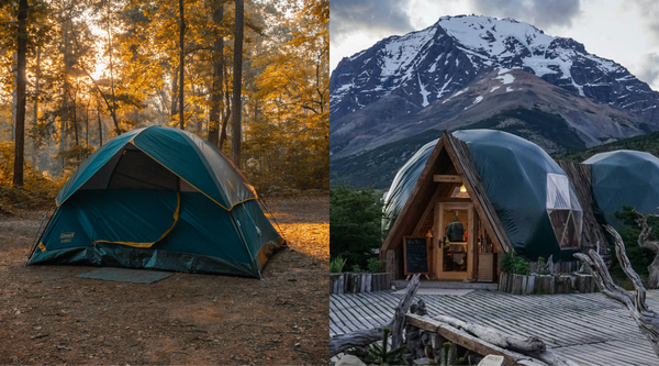 Two images: One of a green tent in the woods. The other of a dome structure in front of mountains. 